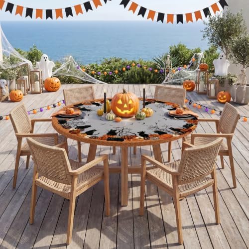 Horaldaily Halloween Fitted Tablecloth for 45"-56" Round,Cat Moon Bat