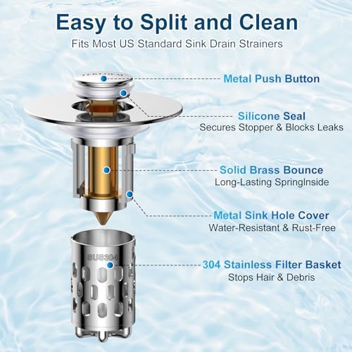 Bathroom Sink Drain Strainer,All Metal Pop-Up Sink Stopper with