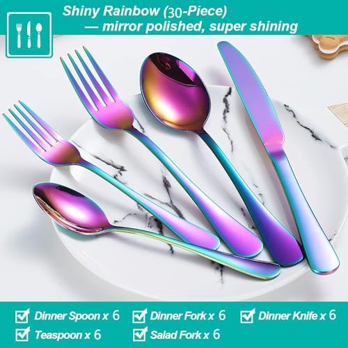 Rainbow Silverware Set,30-Piece Stainless Steel Flatware Set for 6