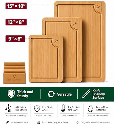 3-Piece Bamboo Cutting Board Set with Storage Stand, Carbonized Bamboo