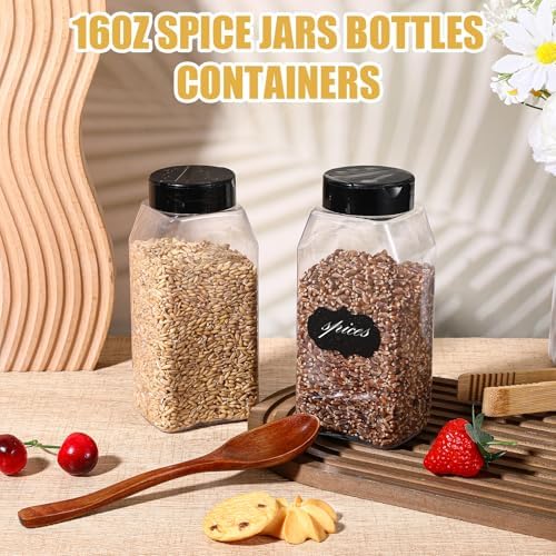 Molain 28 Pcs 16oz Plastic Spice Jars with Shaker Lids, Plastic Square