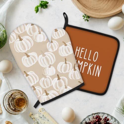 Fall Hello Pumpkin Kitchen Oven Mitts and Pot Holders Set