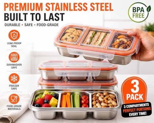 Stainless Steel Snack Containers with Lids, 3 Compartment Leakproof