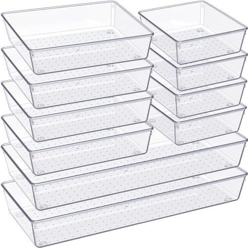 Criusia Drawer Organizer, 10 Pack Large Clear Plastic Set, 3 Size