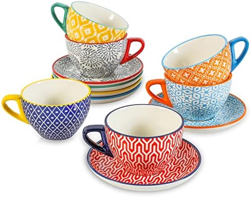 KitchenTour Espresso Cups and Saucers set, 6-pack,7oz - Cappuccino