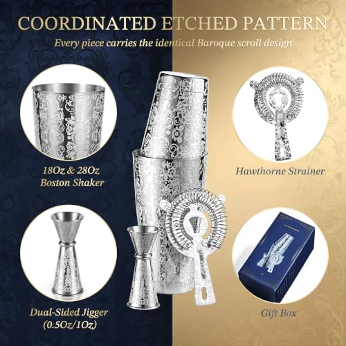 Kitessensu Etched Boston Cocktail Shaker Set, Baroque Scroll Engraved