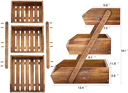 G.a HOMEFAVOR 3-Tier Acacia Wood Fruit Basket for Kitchen, Self-assembly