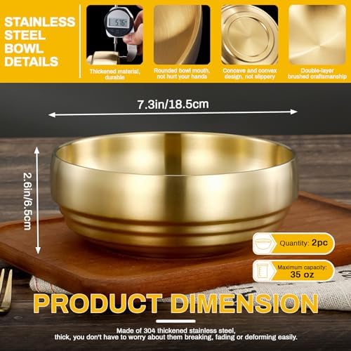 2Pcs 7.3In Gold Large Stainless Steel Soup Bowls - 35OZ Double Walled