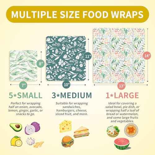 9-Pack Beeswax Food Wraps, 5S 3M, 1L