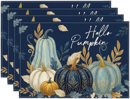 Artoid Mode Blue Hello Pumpkin Fall Placemats Set of 4-12 x 18 Inch