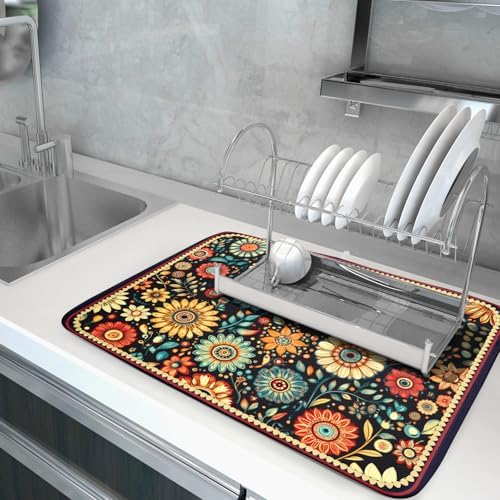Boho Floral Dish Drying Mat for Kitchen Counter Absorbent Microfiber