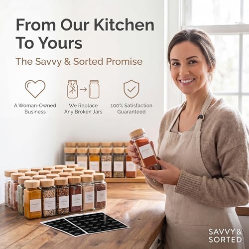 SAVVY & SORTED Glass Spice Jars with Label, 24PK Bamboo Jar Spices Set