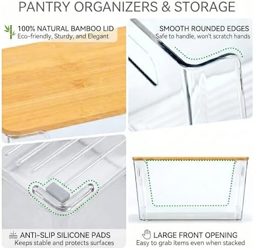 CiWiVOKi 6 Pack Clear Stackable Storage Bins with Bamboo Lids, Trash