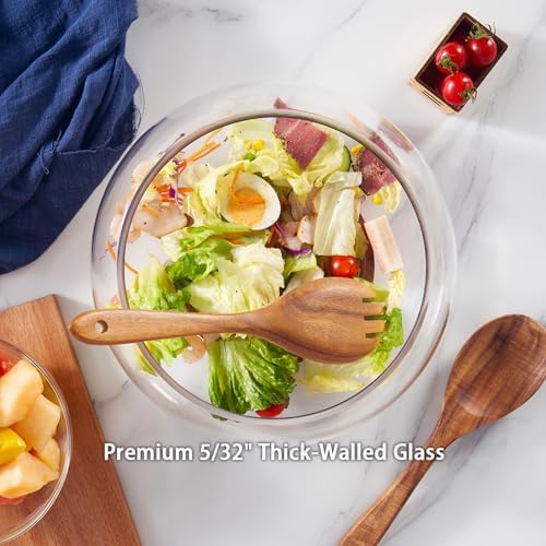 Large Glass Salad Bowl Set - 4.5 Quart Mixing Bowl With Acacia Wood