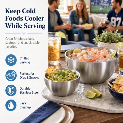 Chilled Serving Bowls with Silicone Lids, 18 oz & 35 oz Stainless Steel Dip Chiller Set to Keep Food Cold, Double Wall Freezer Bowls with Spoon and Fork for Parties, Salads and Seafood