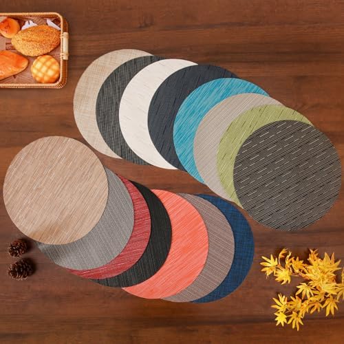 15 Inch Round Placemats Set of 6, Washable Vinyl Woven Place Mats