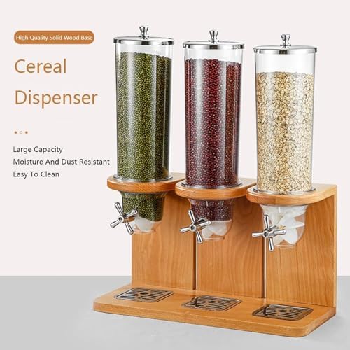 Easy Clean Cereal Dispenser Dry Food Dispenser Countertop Cereal Container Storage Dispenser with PC Bucket And Wooden Base,three barrel