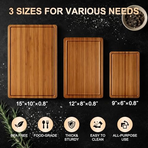 3 Pcs Bamboo Cutting Board Set with Non Slip Wood Non Toxic Chopping Boards