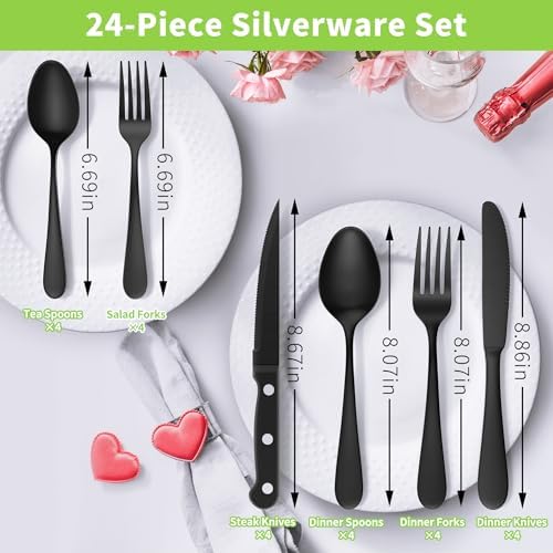 24-Piece Black Silverware Set with Steak Knives - Forks and Spoons