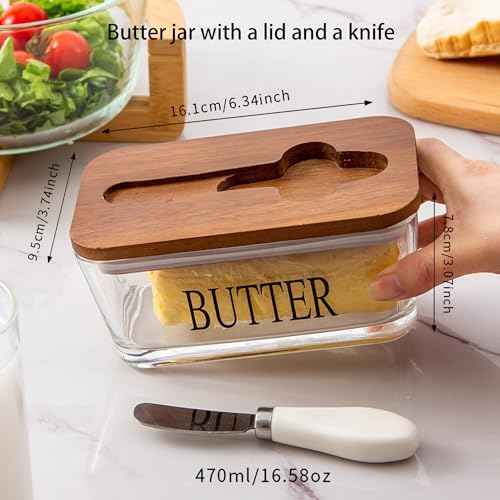 Glass Butter Dish with Acacia Lid & Knife, Covered Butter Holder