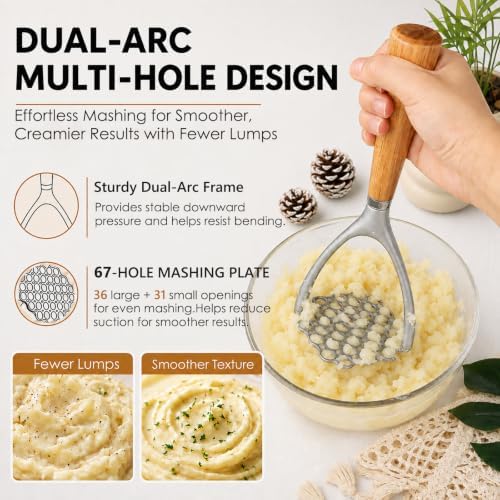 Potato Masher, Aluminum Alloy Food Smasher with Wooden Handle,Potato