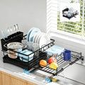 Expandable Dish Drying Rack for Kitchen Counter, Large Capacity Dish Rack with 360° Rotatable Drain Spout & Utensil Holder, Stainless Steel Dish Drainer for Kitchen Sink, Black