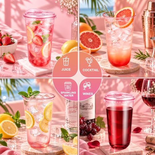 KesaPlan 50 Pack 18 oz Pink Round Bottom Plastic Party Cups with Sip