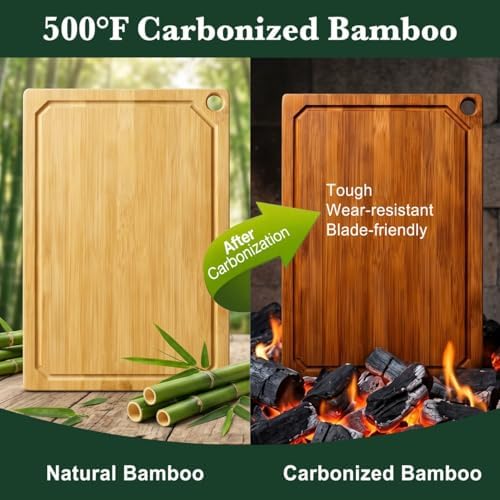 Carbonized Bamboo Cutting Boards for Kitchen Set of 3 Knife-Friendly