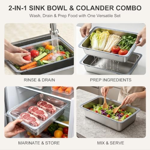 16.9 in Over the Sink Colander & Prep Basin Set, Stainless Steel Dish