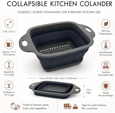 Beille 1pc Compact Collapsible Colander, Polypropylene Small Kitchen