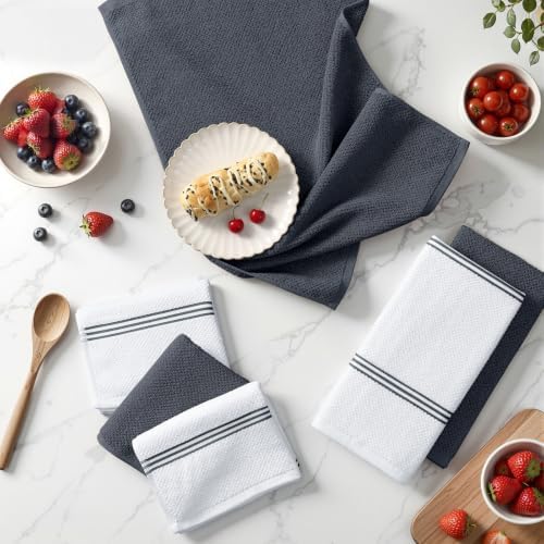 Homaxy Dual Design Cotton Kitchen Towels(16" x 26", 6 Pack), Dark Grey