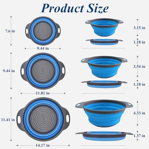 Collapsible Colander Set of 3, Space-Saving Foldable Strainer for