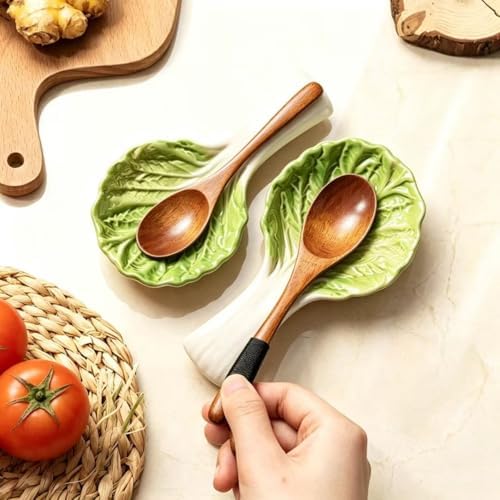 2 Pack Ceramic Spoon Rest, Cute Chinese Cabbage (Bok Choy) Shaped