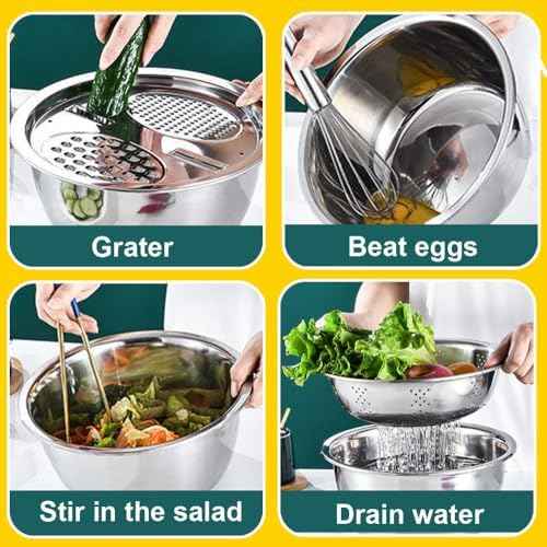 Germany Multifunctional Stainless Steel Basin, 3 in 1 Grater Bowl with Strainer Colander, Vegetable Slicer & Rice Rinser Kitchen Tool (10.23in*10.23in*3.54in)
