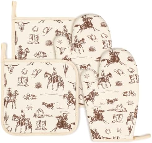 JarThenaAMCS Cowboy Oven Mitts and Pot Holders Set, 4 Pcs