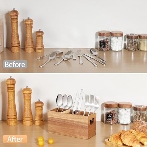 VIVIRBIEN Acacia Silverware Holder, 3 Compartments