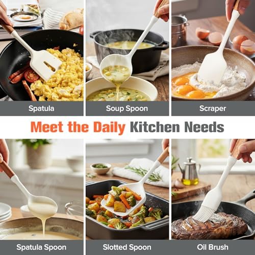 Silicone Cooking Utensils Set of 7, Wooden Handle (White)