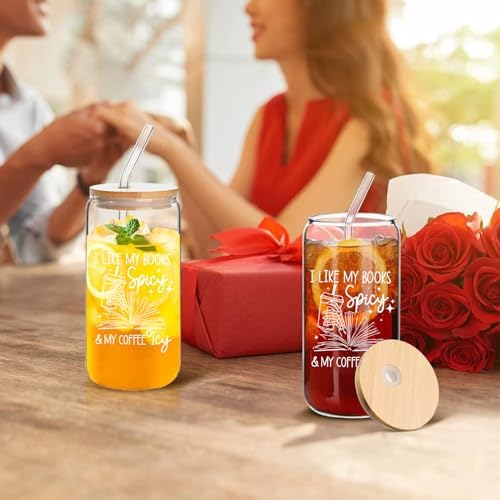 Book Lovers Gifts Idea, 16 oz Cute Glass Cups with Lids and Straws