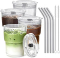 TUZAZO 4 Pack 13oz Ribbed Glass Tumblers with Lids and Straws
