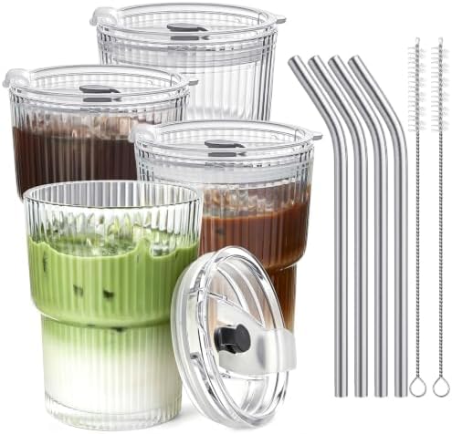 TUZAZO 4 Pack 13oz Ribbed Glass Tumblers with Lids and Straws