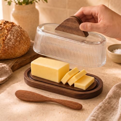 Glass Butter Dish with Lid for Countertop, Wood Base Butter Holder