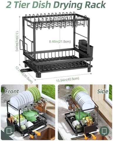 2-Tier Dish Drying Rack for Kitchen Counter, Black