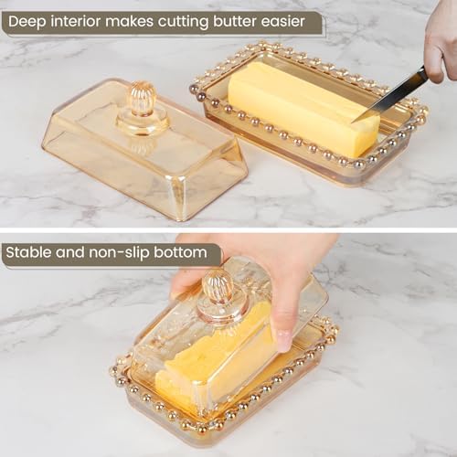 Retro Country Glass Butter Dish with Lid Vintage Butter Holder, Amber