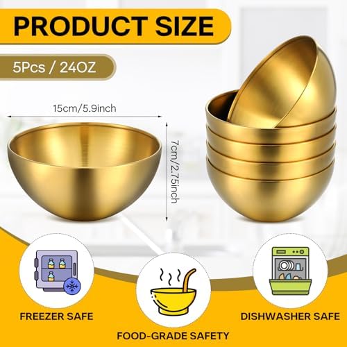 5 Pcs 5.9 Inch Gold Mixing Bowls, Decorative Metal Stainless Steel