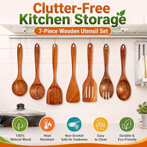 9-Piece Teak Wooden Utensil Set, Dark Brown