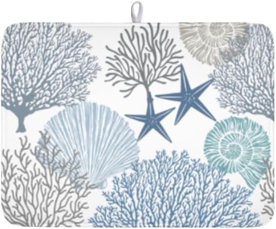 Blue Coral Dish Drying Mat 18x24 Inch Absorbent Reversible Summer Beach Drying by Kawani