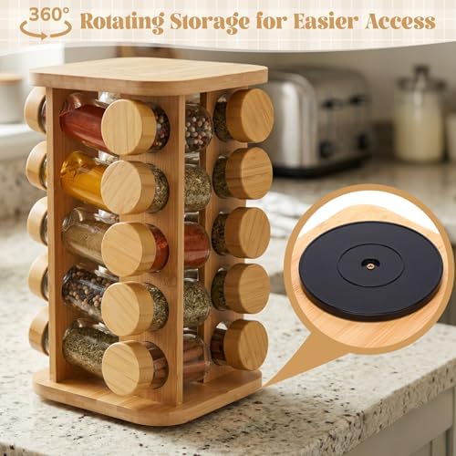 Sliner 20-jar Rotating Countertop Spice Rack Organizer with Bamboo