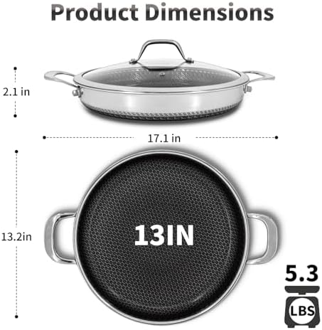 Hybrid Nonstick Skillet with Lid 13 Inch, Stainless Steel Paella Pan
