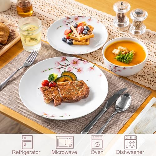 VEWEET Porcelain Dinnerware Sets for 4, 12 Piece Pink Plates Bowls