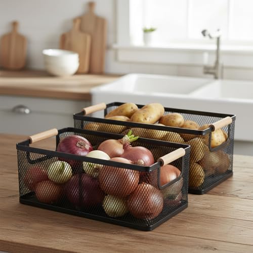 Potato and Onion Storage Baskets with Wood Handles, 2-Set Metal Mesh